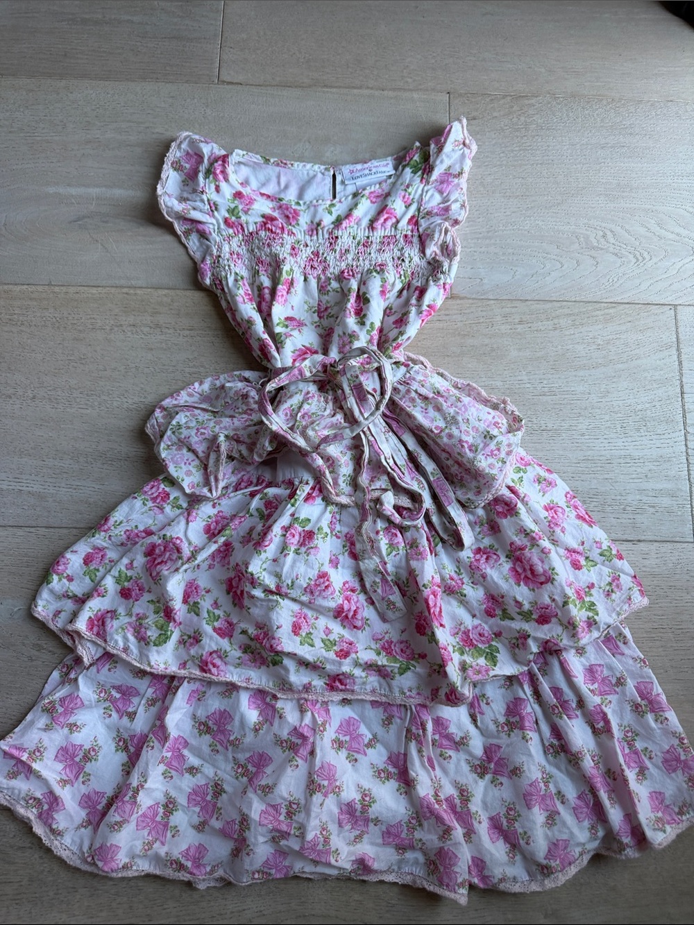 LoveShackFancy Pink Floral Ruffle Tiered Dress, size 6 girls